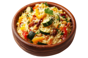 Wooden bowl filled with fluffy couscous, roasted zucchini, peppers, carrots, and herbs on isolated white transparent background, concept of healthy Arabic food