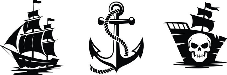 Nautical illustration set, pirate ship drawing, anchor with rope artwork, sailing vessel sketch, maritime adventure design, skull ship graphic, ocean theme © Akhi's orld