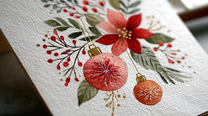 Beautiful watercolor Christmas card featuring festive decorations and vibrant seasonal colors for holiday greetings