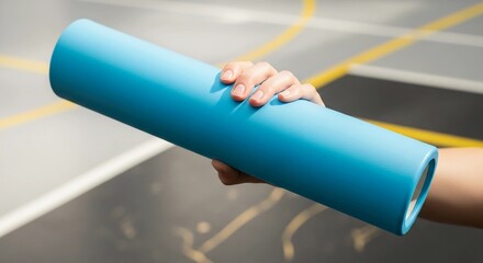 A hand holding a blue baton, likely for a relay race, against a blurred background.