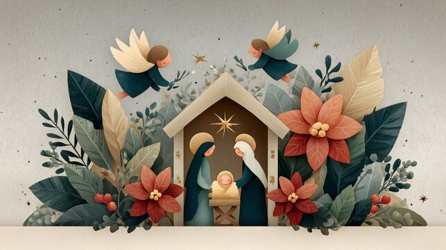 Celebration of the nativity scene with angels and flowers decorated for the holiday season - Powered by Adobe