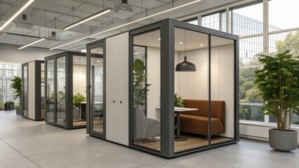 hybrid work environment design Modern office pods designed for collaborative work and privacy in a bright, inviting space.