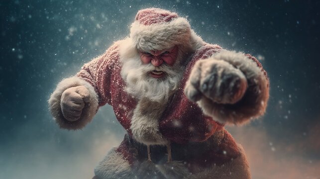 Bad Santa Claus poses angrily in a snowy setting, showcasing a unique twist on the holiday classic