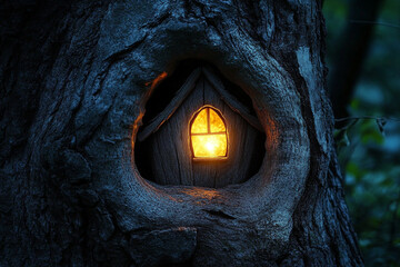 A tiny fairy house glowing softly in a hollowed-out tree  