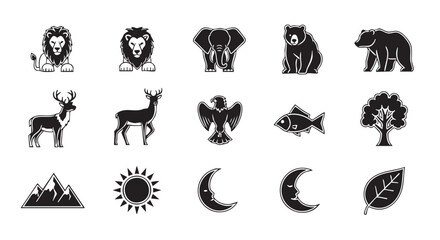 Collection of animals and nature icons in black and white style