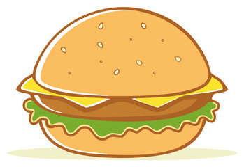 Stylized Cartoon Hamburger with Sesame Seed Bun and Fresh Lettuce Cheese and Patty
