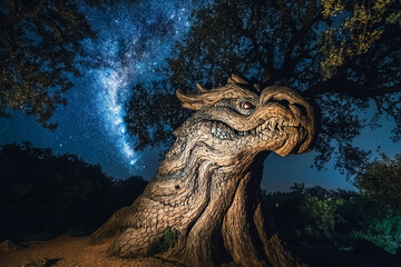 A towering tree carved into the shape of a dragon, outlined by the cosmos  