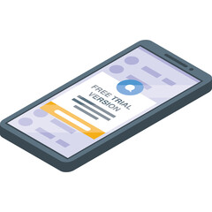 Pixel Art Smartphone Displaying Free Trial Version Offer with Orange Button and Blue Play Icon on...