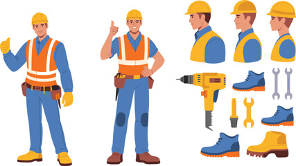 Construction worker illustration, builder character set, safety uniform, hard hat, tools, work boots, drill, wrench, engineering, maintenance, repair, industrial, construction site, laborer, handyman