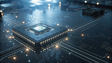 quantum error correction Close-up of a microchip on a circuit board with glowing connections.