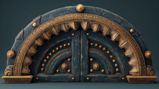 Ornate, semicircular, wooden doorway with intricate gold details.