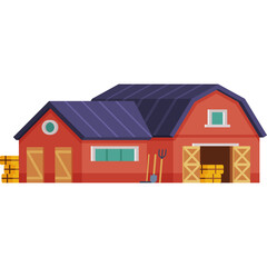 Pixel Art Red Barn with Hay Bales and Farming Tools on Transparent Background