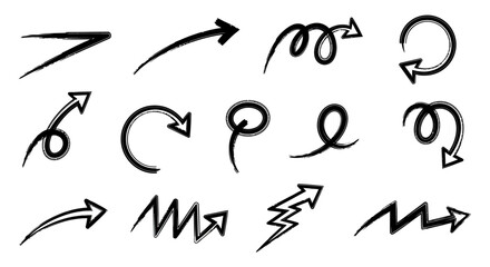 Fototapeta premium Set of hand-drawn arrow illustrations in black and white, featuring various shapes and directions.