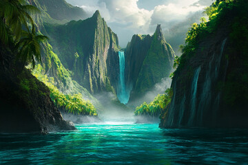 A tropical paradise where glowing waves lap against lush jungle cliffs  