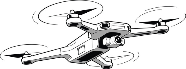 Flying drone with camera illustration, modern technology, aerial photography, quadcopter device, innovation concept, remote control gadget, tech design art