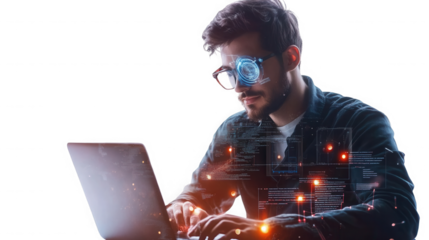 Man using augmented reality glasses while coding on a laptop at his workstation on transparent background