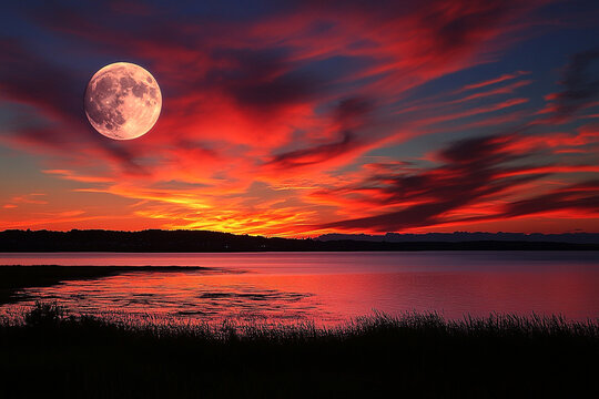 A vibrant twilight scene where the full moon mirrors the fiery sunset   - Powered by Adobe