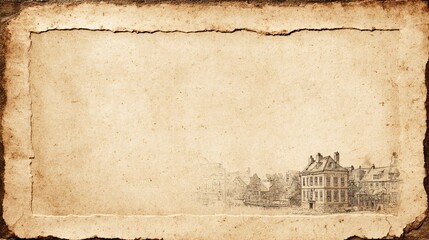 Vintage ink sketch of a grand neoclassical temple with columns and pine trees on aged, stained parchment paper.