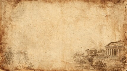 Vintage ink sketch of a grand neoclassical temple with columns and pine trees on aged, stained parchment paper.