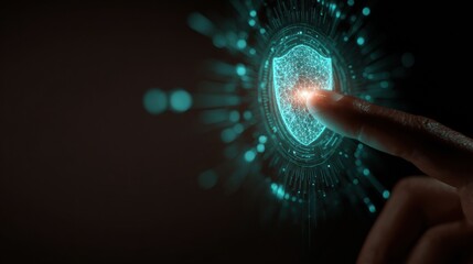 Digital Security Concept With a Glowing Shield Symbol Activated by a Finger Touch at Night