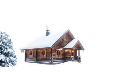 Cozy winter cabin with holiday decorations, isolated on transparent background