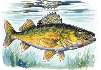 Fototapeta premium Walleye watercolor, Watercolor style digital painting for graphic design decoration, gifts or print design, animals, fish in water, river, sea, lake life