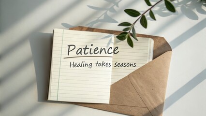 Inspirational message of patience on lined paper with an envelope and a shadowed leaf, symbolizing healing and time in nature