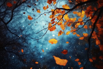 Autumn leaves gently falling from dark tree branches beneath the galactic light  