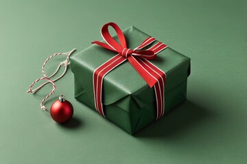 A neatly wrapped green gift with red and white