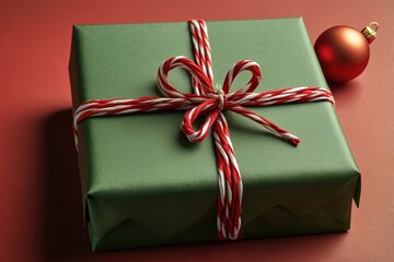 A neatly wrapped green gift with red and white