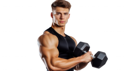 Muscular man lifting dumbbell in black tank top against a on transparent background