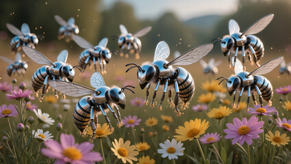 Robotic bees pollinating sunlit flower field, futuristic vision of technology and nature working in harmony