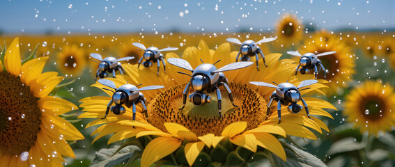 Hopeful future of agriculture with robot bee drone swarm pollinating vibrant sunflower field through technology