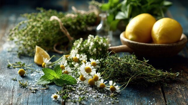Herbal Composition with Chamomile Thyme and Lemon Balm on Table