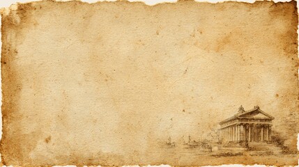 Vintage ink sketch of a grand neoclassical temple with columns and pine trees on aged, stained parchment paper.