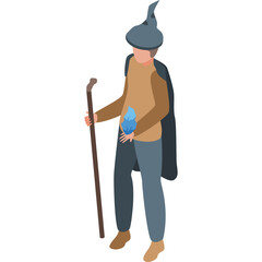 Pixel Art Wizard Character with Pointed Hat Holding a Cane and Glowing Blue Orb in Hand on Transparent Background