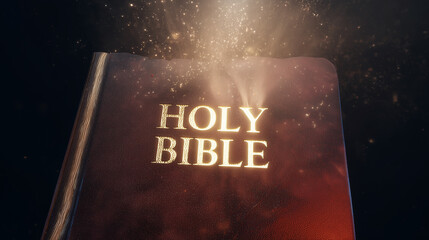 Illuminated Scripture: A close-up view of a leather-bound Holy Bible with its gold lettering and the word Holy emblazoned on the cover, radiating an ethereal glow. 