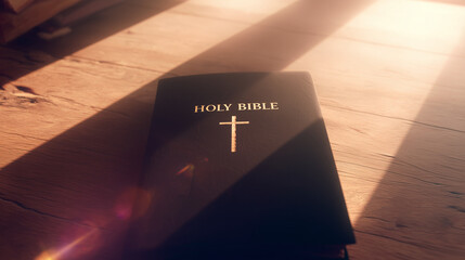 Sacred Text: An old, leather-bound book, the Bible, lies open on a rustic wooden table, illuminated by a beam of divine light, creating a sense of reverence and reflection.