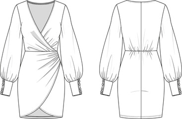 Elegant wrap mini dress technical fashion flat sketch, long puff sleeve bodycon silhouette, front and back cad vector template illustration