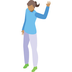Pixel Art Woman Waving Hello On Transparent Background In Blue Long Sleeve Top Lavender Pants And Green Shoes Isometric View