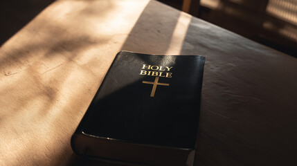 The Holy Bible Under Sun:  A close-up captures the serene presence of a bible under the sun, resting peacefully on a wooden surface, evokes a sense of solemnity.
