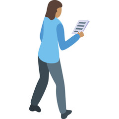 Pixel Art Woman In Blue Long Sleeve Shirt And Grey Pants Holding Document In Hand Isolated On White Background