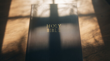 Bible in the Sunlight: The Holy Bible rests on a wooden surface, the golden inscription gleaming softly in the warm glow of sunlight. A cross-shaped shadow graces the cover.