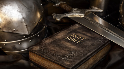 Spiritual Battle: A juxtaposition of a bible, a glistening sword, and metallic armor, evoking a metaphor of faith and spiritual warfare.