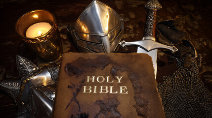 Sacred Scripture and Ancient Relics: A still life composition featuring a Holy Bible, ancient armor and a sword, evoking themes of faith, history, and valor.