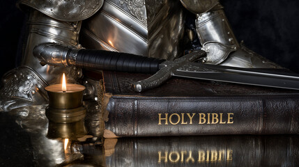 Ancient Faith: A poignant composition features the Holy Bible, resting alongside a gleaming sword and a suit of armor, illuminated by the gentle glow of a candle. It evokes themes of faith.