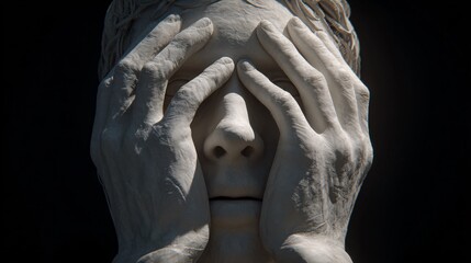 A distressed clay-like face clutches its head with rough hands, eyes hidden