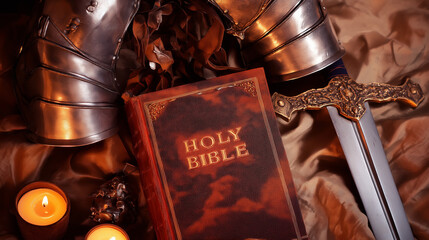 Faith and Valor: An image of a bible and sword with body armor, accompanied by candles, set against a rich, rustic backdrop, symbolizing the courage to stand firm in faith.