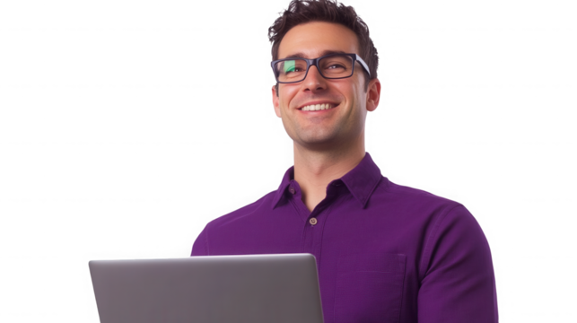 Smiling man with glasses holding laptop looking up with positive expression on transparent background