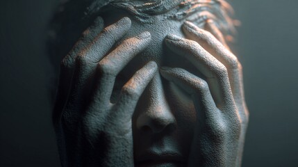 A distressed clay-like face clutches its head with rough hands, eyes hidden